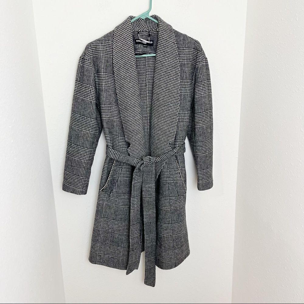 Karl Lagerfeld Houndstooth Plaid Wrap Trench Jacket